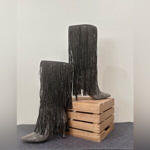INC International Concepts Black Fringe Decorative Boots Accent